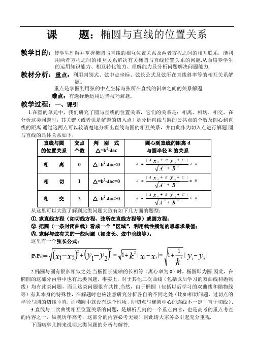 【一等奖教案】 椭圆与直线的位置关系