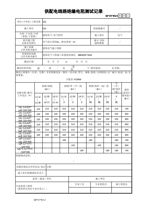 2016版供配电线路绝缘电阻测试记录