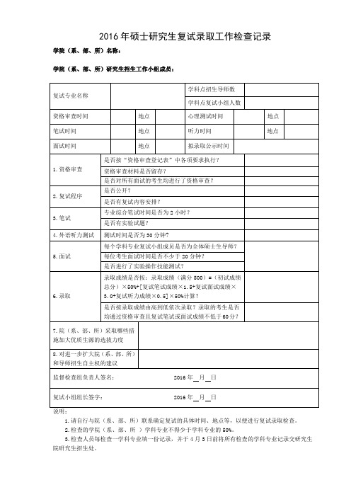 2016年硕士研究生复试录取工作检查记录