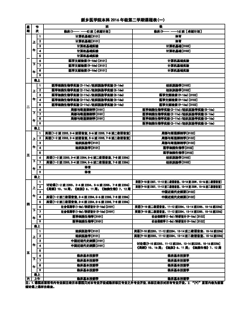 新乡医学院本科2016年级第二学期课程表(一)