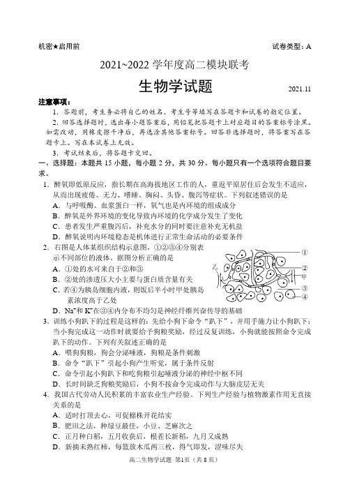 山东省日照市莒县、五莲县、岚山区2021-2022学年高二11月联合考试生物试题