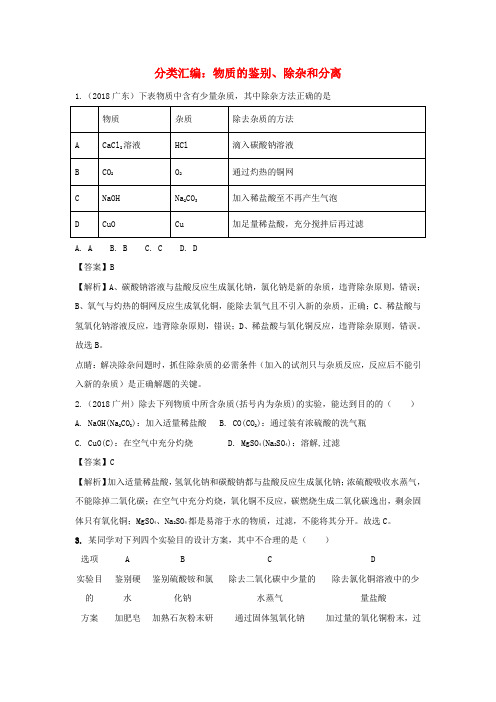 2018中考化学题分类汇编 物质的鉴别、分离和除杂(含解析)