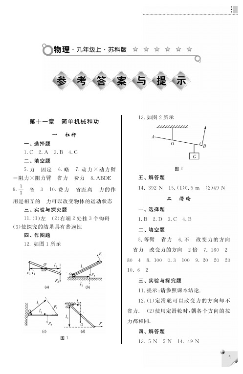 苏科版九年级上册物理补充习题答案解析