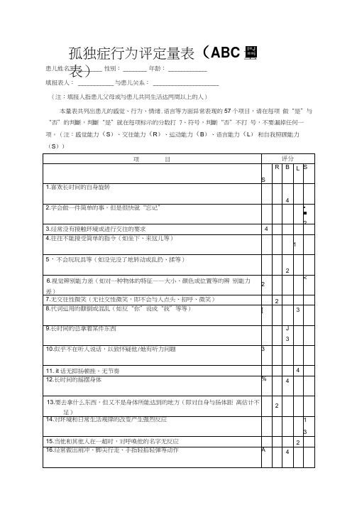 孤独症行为评定量表(ABC量表)