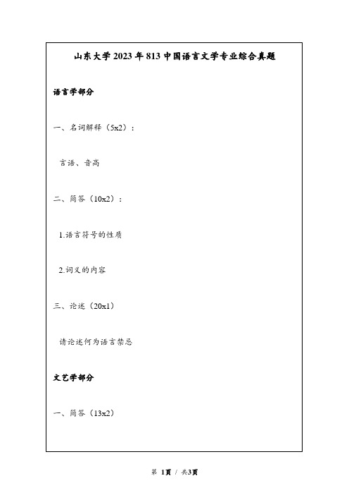 2023年山东大学813中国语言文学专业综合真题