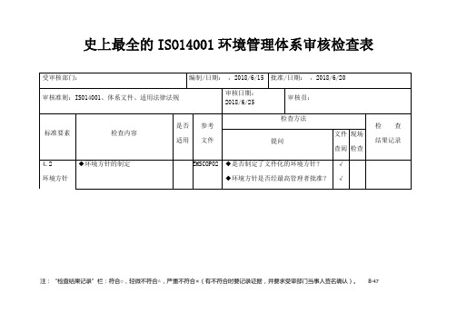 史上最全的ISO14001环境管理体系审核检查表