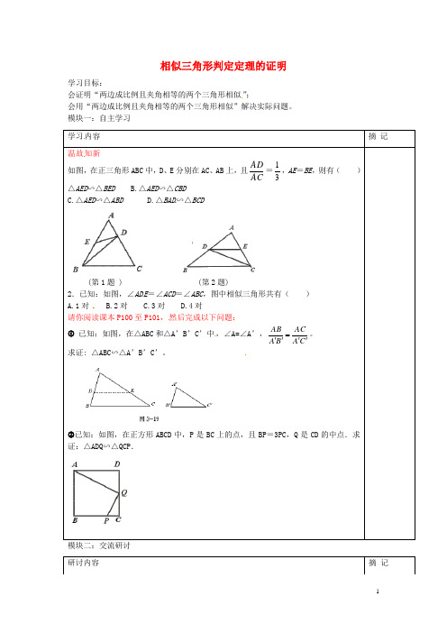 广东省河源中国教育学会中英文实验学校九年级数学上册 第4章 第5节 相似三角形判定定理的证明讲学稿2