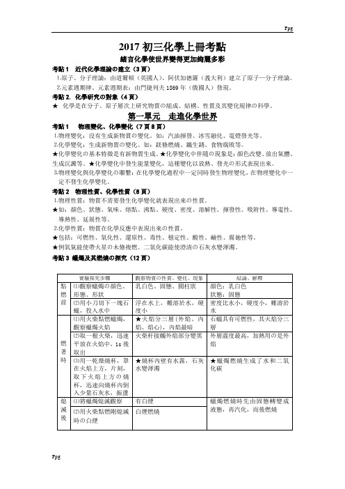 2017年新人教版初三化学上册重要知识点