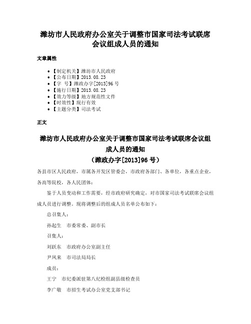 潍坊市人民政府办公室关于调整市国家司法考试联席会议组成人员的通知