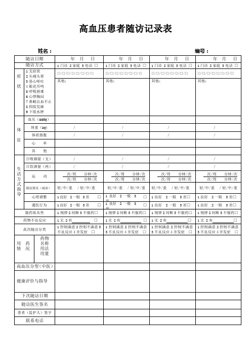 高血压糖尿病精神病患者随访服务记录表