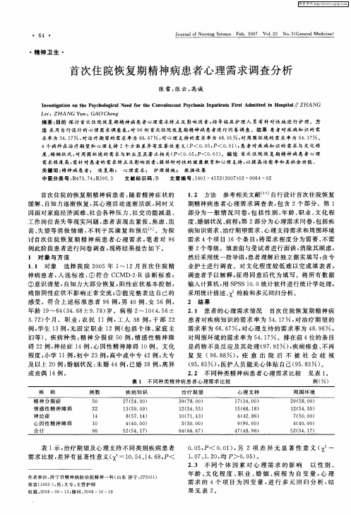 首次住院恢复期精神病患者心理需求调查分析