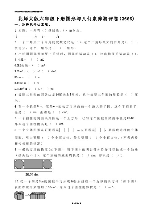 【小学数学】北师大版六年级下册图形与几何素养测评卷(练习题)