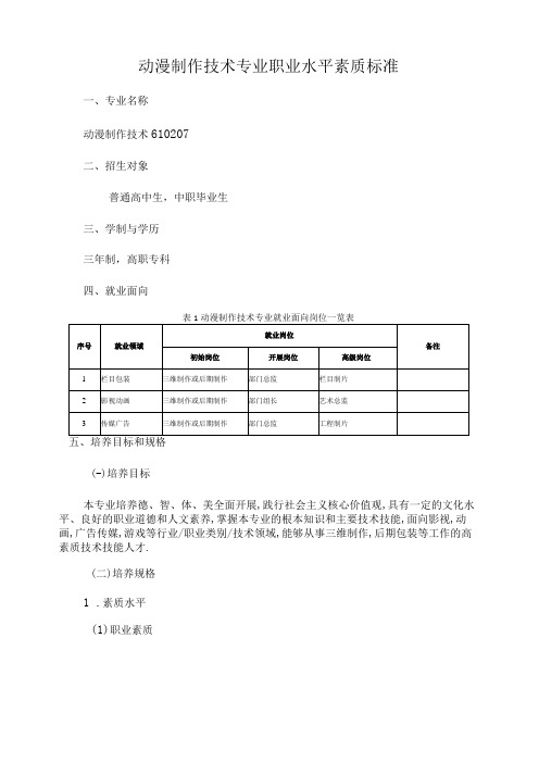 动漫制作技术专业职业能力素质标准