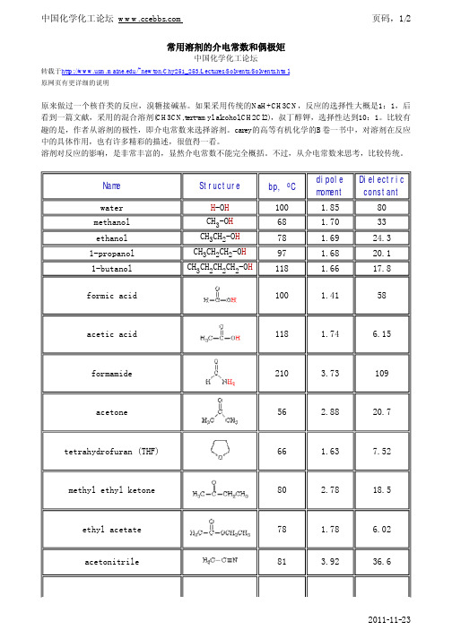 常用溶剂的介电常数和偶极矩