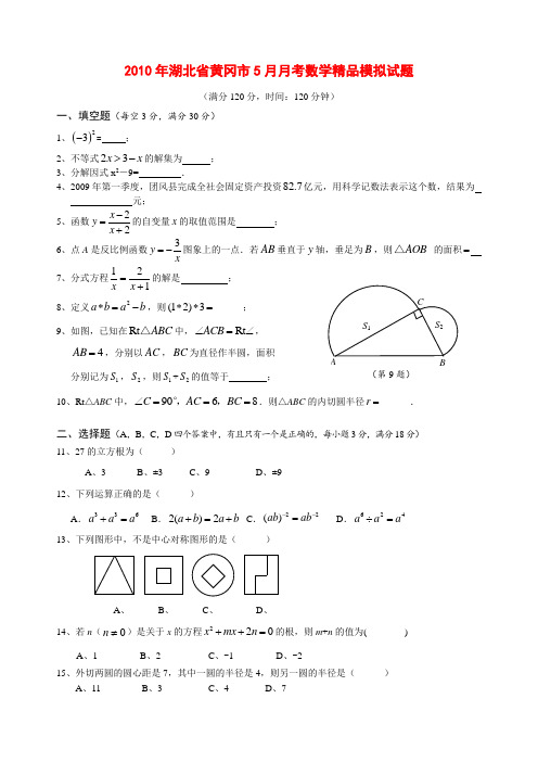 湖北省黄冈市2010年5月月考精品模拟试题数学(附答案)