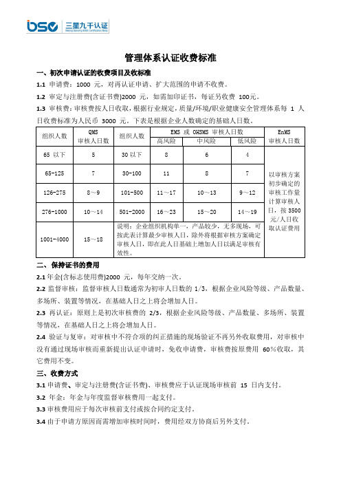 管理体系认证收费标准