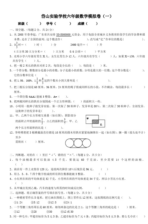 岱山实验学校六年级数学模拟卷(一)