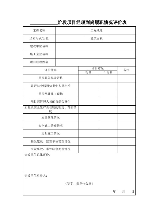 阶段项目经理到岗履职情况评价表