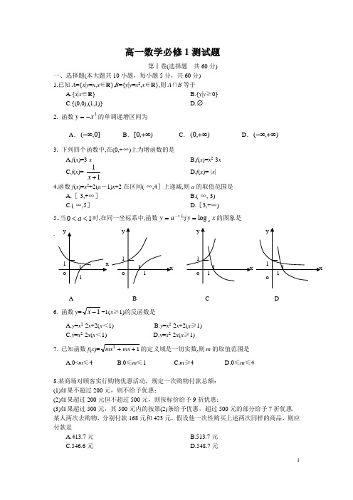 人教版高中数学必修一综合测试题带答案的哦!