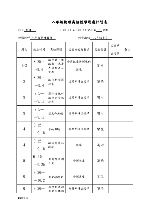 九年级物理实验教学进度计划表