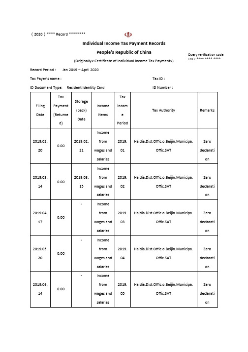 2020最新个人所得税纳税记录 英文模板