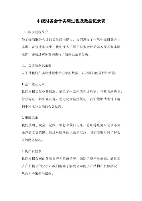 中级财务会计实训过程及数据记录表