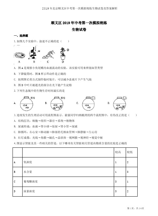 2019年北京顺义区中考第一次模拟统练生物试卷及答案解析