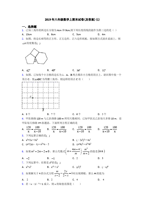 2019年八年级数学上期末试卷(及答案)(1)