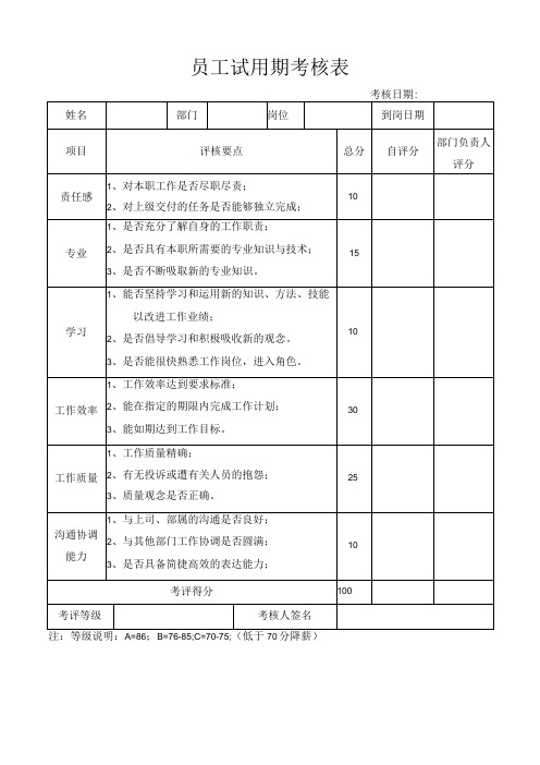 公司员工试用期考核表模板