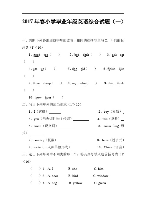 春小学毕业班英语综合试题(一)pep人教版