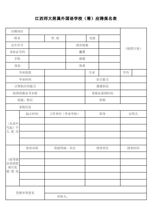 江西师范大学附属外国语学校(筹)应聘报名表