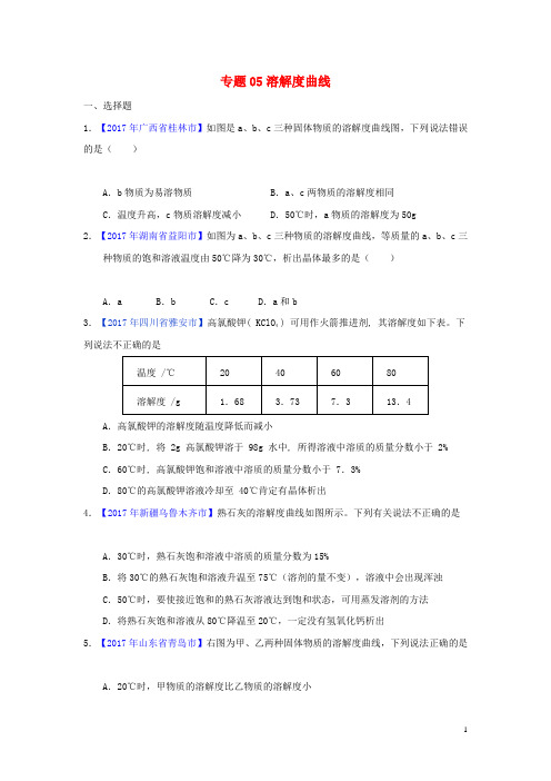 决胜2018中考化学压轴题揭秘 专题05 溶解度曲线(中考题,无答案)