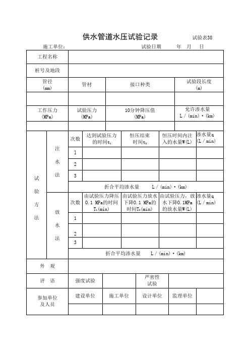 市政工程供水管道水压试验记录 (示范文本)