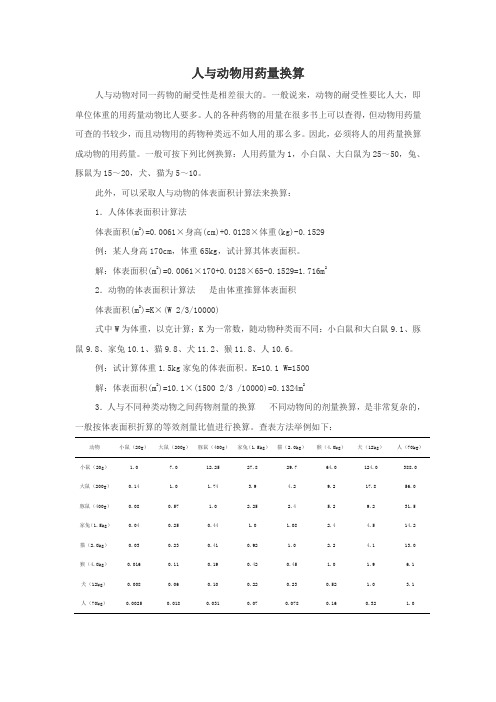 人与动物用药量换算