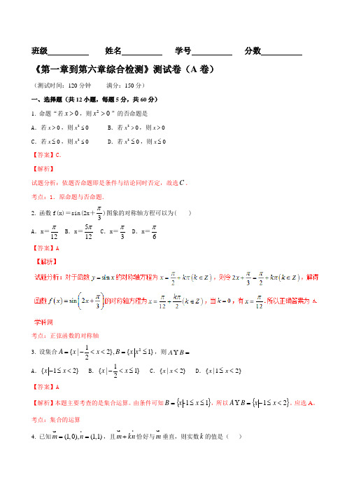 滚动检测04 第一章到第六章综合检测(A)-2016届高三理数同步单元双基双测“AB”卷(解析版)