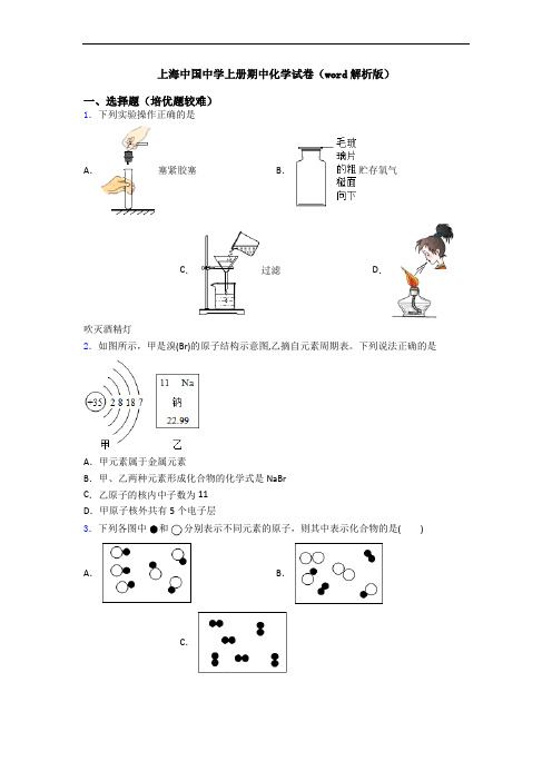 上海中国中学上册期中初三化学试卷(word解析版)