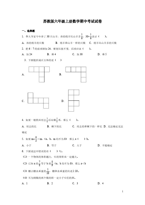 苏教版六年级上册数学期中考试试卷带答案