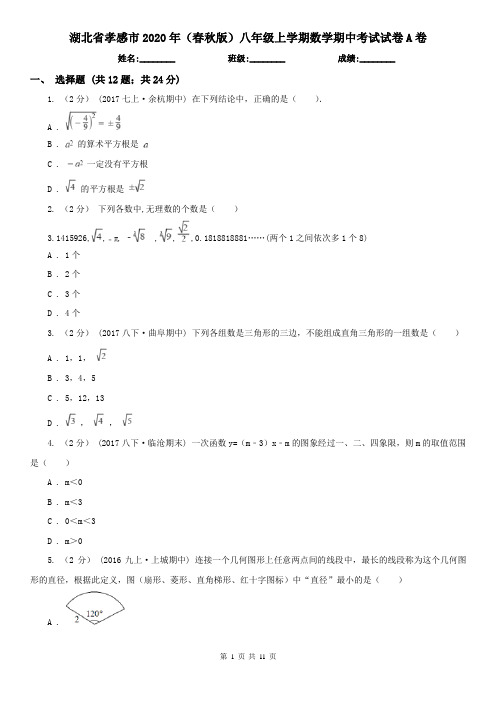 湖北省孝感市2020年(春秋版)八年级上学期数学期中考试试卷A卷