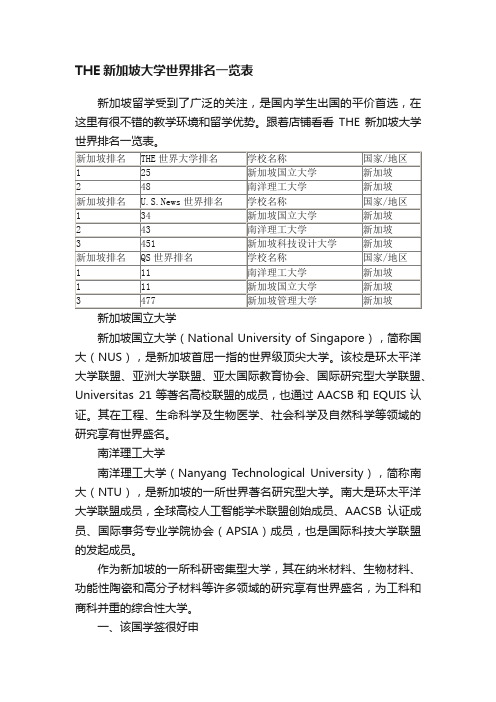 THE新加坡大学世界排名一览表