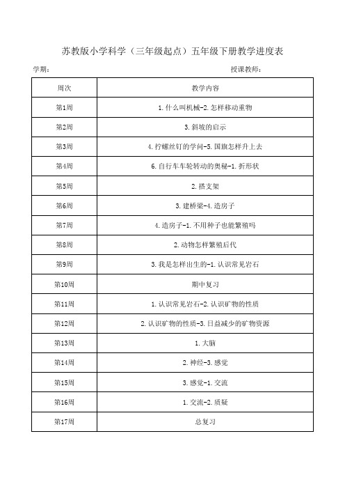 苏教版小学科学(三年级起点)五年级下册教学进度表