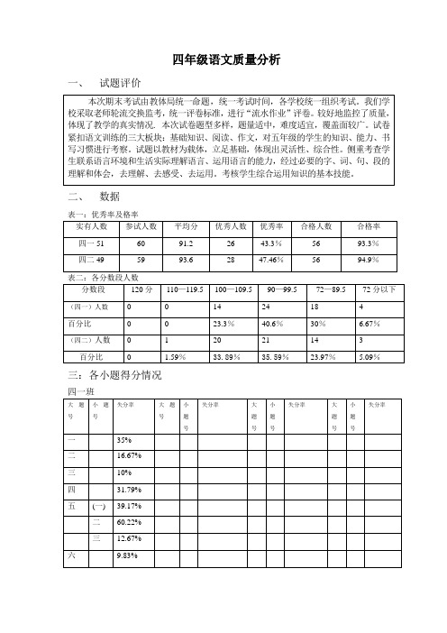 四年级语文 期末考试质量分析 