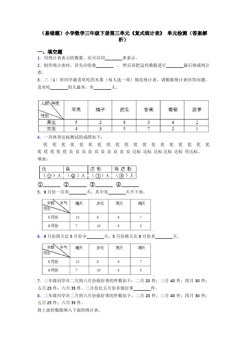 (易错题)小学数学三年级下册第三单元《复式统计表》 单元检测(答案解析)