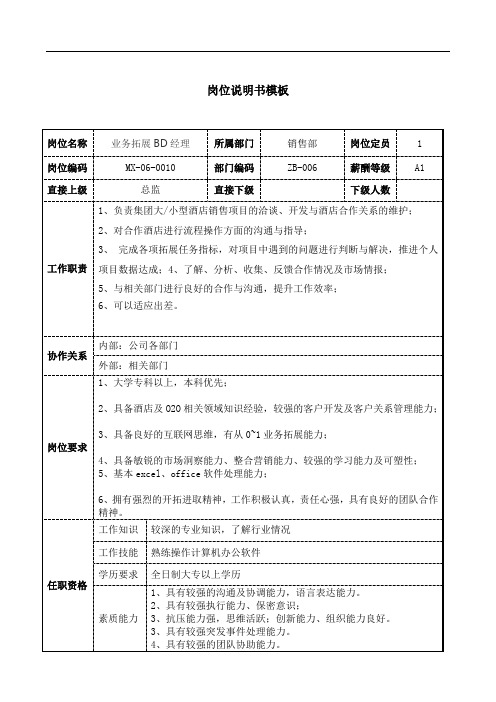 业务拓展BD经理岗位说明书JD模板工作职责和任职要求