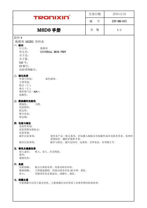 MSDS手册 脱模剂 MSDS 资料表