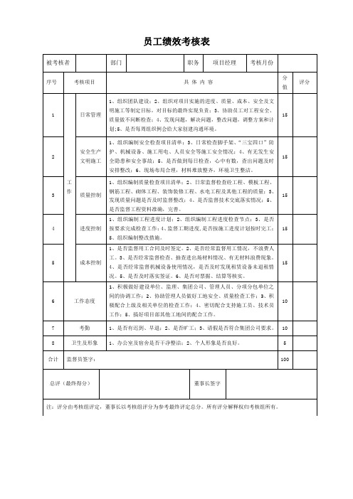 项目员工绩效考核表