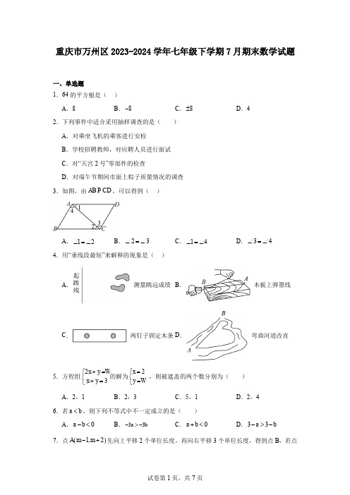 重庆市万州区2023-2024学年七年级下学期7月期末数学试题