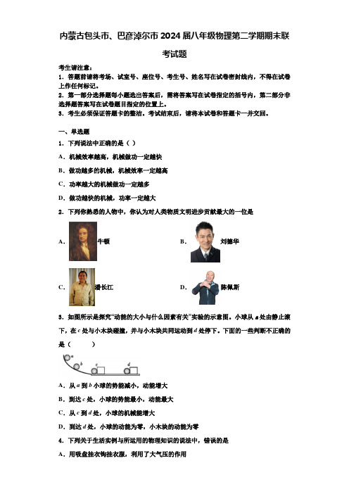 内蒙古包头市、巴彦淖尔市2024届八年级物理第二学期期末联考试题含解析