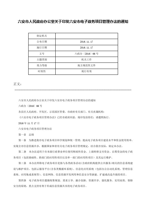 六安市人民政府办公室关于印发六安市电子政务项目管理办法的通知-六政办〔2016〕66号