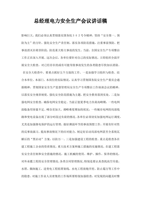 总经理电力安全生产会议讲话稿
