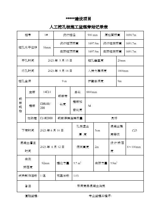 人工挖孔桩施工监理旁站记录表